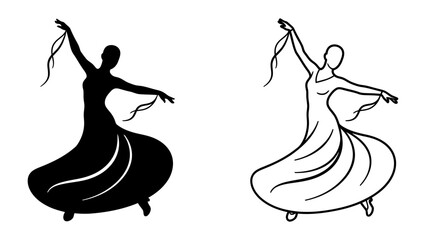 Ballerina Silhouette: Two elegant depictions of a ballet dancer in a flowing gown, one a stark silhouette and the other a graceful line drawing, showcasing the art of dance. © Montaha
