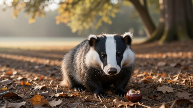 A European badger crouches on a forest floor, its black-and-white facial markings and stocky build evident as it faces the camera with front paws planted firmly.