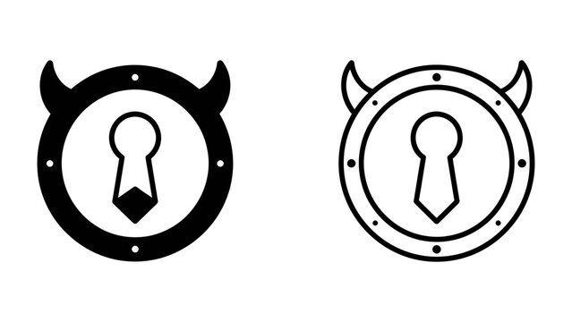 Devil Icon with Keyhole: Two stylized icons, one solid black and one outlined, depict a devilish crest with a central keyhole, symbolizing mystery and mischievousness.