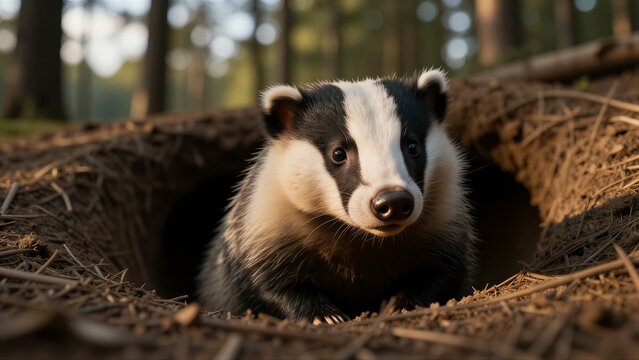 A European badger emerges from its forest burrow at golden hour, surrounded by tranquil woodland scenery.