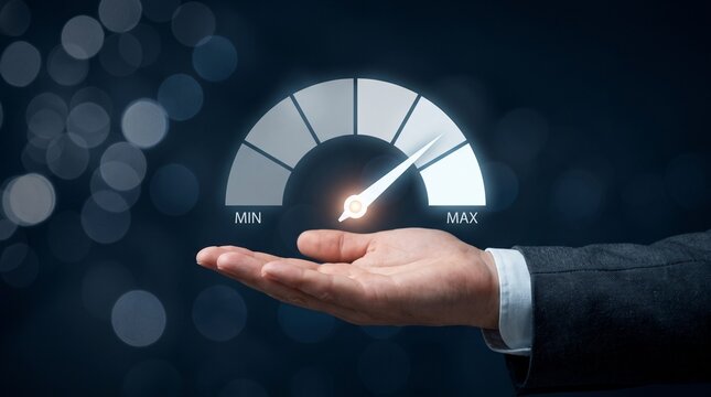 Hand holding a glowing performance gauge meter for business growth and efficiency analysis