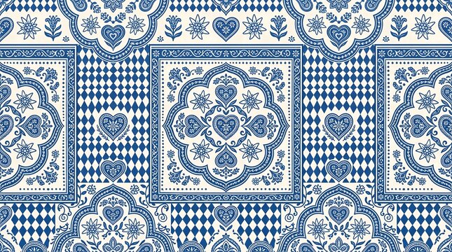 Traditional blue and white Moroccan tile pattern, vintage ceramic design with floral hearts, seamless tile background for home decor