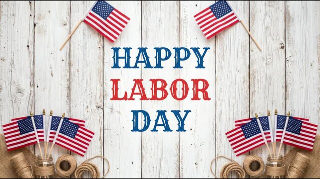 Happy Labor Day greeting with American flags on a rustic wooden background