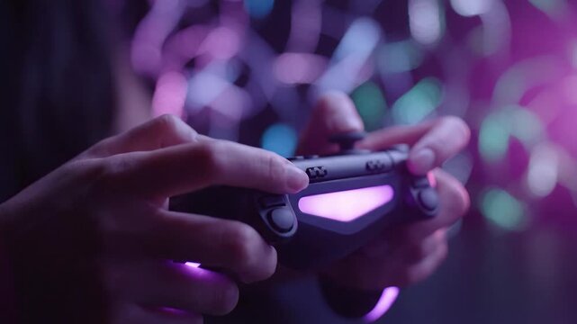 Close up of a gamer hands holding a glowing wireless controller in a dark room.