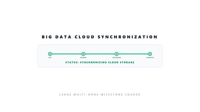 Big data cloud synchronization timeline UI element with multi-node milestone progress bar for modern web application server upload digital template