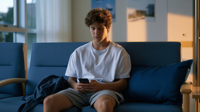 Adolescent patient independently navigating a digital therapeutics prescription app for insomnia management in a hospital adolescent medicine waiting room, the cognitive sleep