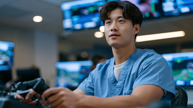 Junior surgical trainee gripping haptic surgical training simulation instruments in a darkened hospital simulation bay, the force-feedback handles replicating tissue resistance