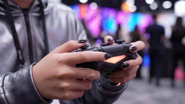 Close up of a gamer holding a PlayStation 4 controller at a gaming event.