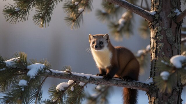 A European pine marten perches on a snow-dusted pine branch, its rich brown fur and creamy white throat visible as it gazes directly at the viewer in serene winter stillness.