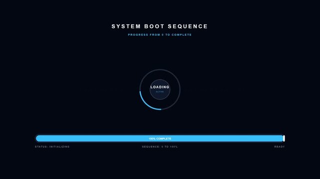 System boot sequence HUD dashboard UI element with circular loading screen and initialization progress bar for futuristic cyber security tech template