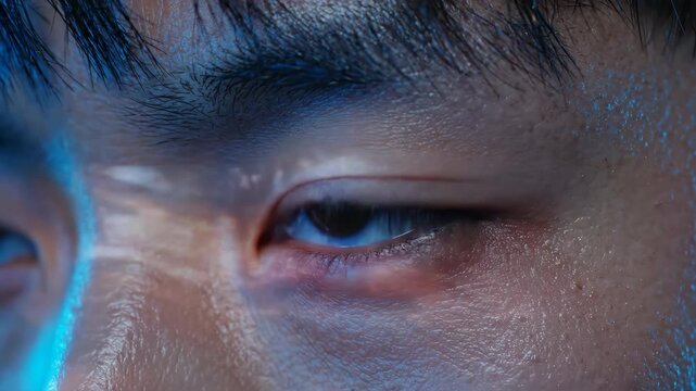 Close up of a human eye blinking while looking at a computer screen in a dark room.