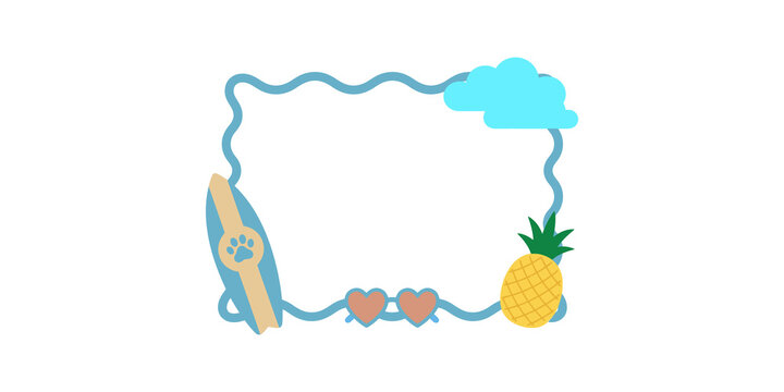 Summer vacation frame with surfboard, pineapple, hearts, and cloud, ideal for beach-themed memories and travel photo borders.