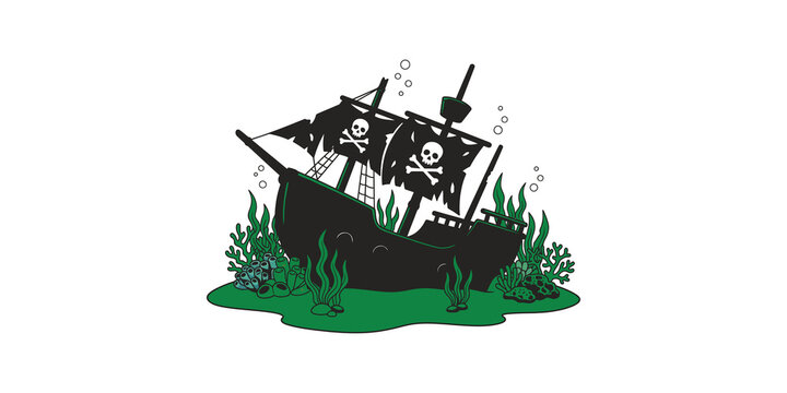 Sunken pirate ship silhouette with skull and crossbones flags, underwater seascape with seaweed and bubbles.