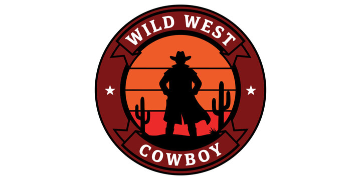 Wild West cowboy logo with man silhouette and cactus against sunset, circular emblem, western desert landscape.