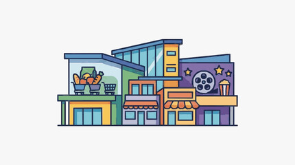 Fototapeta premium Minimalist of Colorful Shopping Complex with Grocery Bookstore and Movie Theater with high quality professional line art symbols for modern creative design and digital branding projects