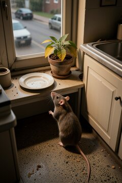 A brown rat stands upright on its hind legs in a kitchen, looking up at the window with a view of a rainy street outside.