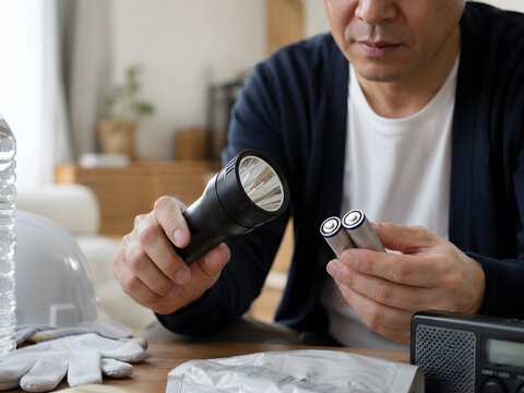 懐中電灯と乾電池を点検する日本人男性の防災準備