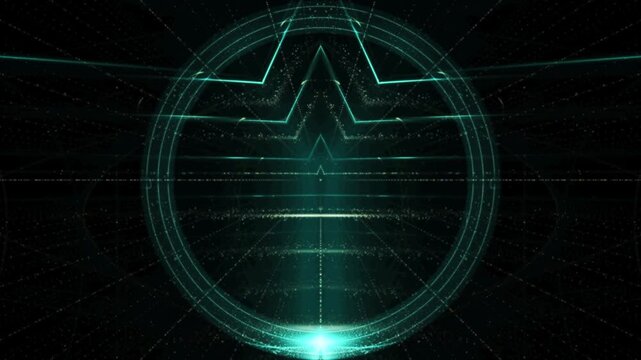 futuristic glowing geometric star with digital tech lines - neon green light effects, sci-fi interface, technology, screen, science, research, network, security