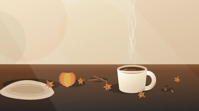 Cozy autumn illustration featuring a steaming cup of coffee with pumpkin and spices on a table