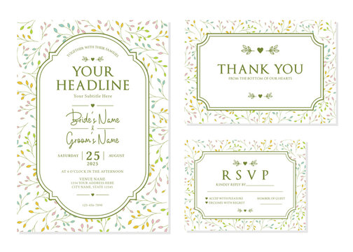 Colorful Botanical Leaf Wedding Invitation Suite Vector Template

