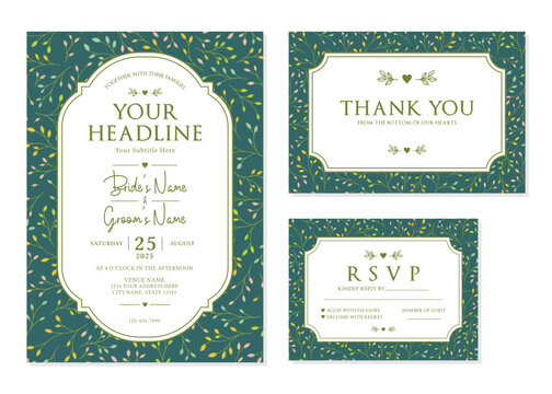 Dark Green Botanical Wedding Invitation Suite Vector Template

