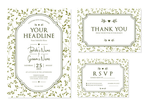 Green Botanical Leaf Wedding Invitation Suite Vector Template
