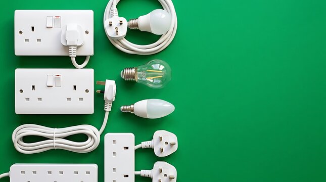 Electrical sockets switches plugs and lightbulbs arranged on green surface