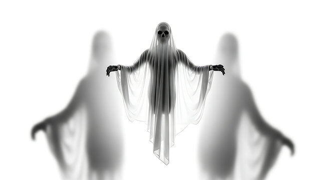 Spooky ghosts with skeletons with depicts eerie spectral figures skeletal heads flowing robes casting blurry shadows