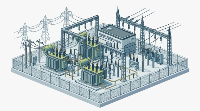 Corporate Isometric of a High Voltage Electrical Substation with Transformers Switchgear and Power Lines