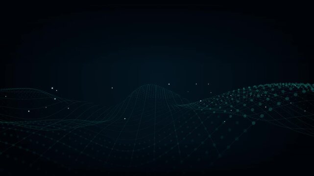Dark abstract background with glowing digital mesh and scattered light particles.