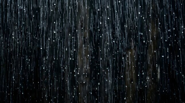 heavy rain storm falling down with glowing droplets against dark moody background for seasonal weather concept