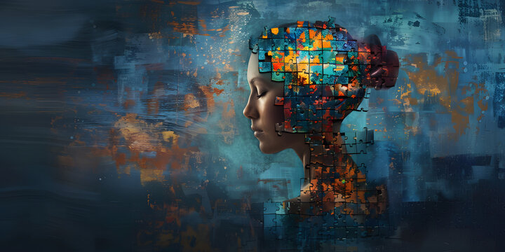 Woman's head forms a colorful puzzle against a textured abstract background.