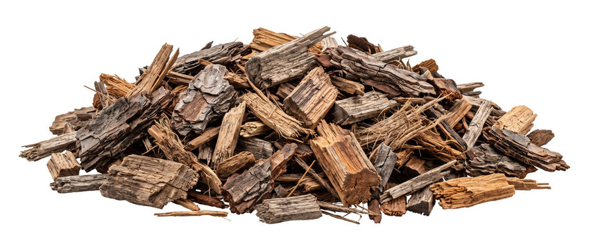 Wood chips mulch pile bark heap isolated on black background for garden landscaping, organic timber shavings, dry splintered tree pieces, rustic firewood fuel, biomass material texture detail