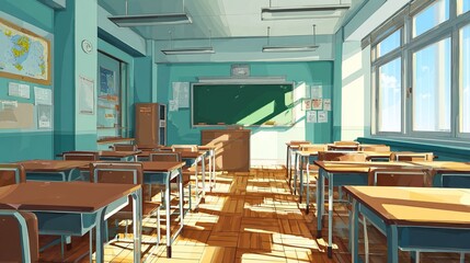 Fototapeta premium Empty school classroom features wooden desks and a large blackboard under bright natural sunlight streaming through large panoramic glass windows
