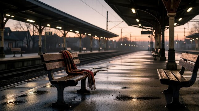 Empty train platform at twilight after rain. Wet benches with scarf wait for passengers. Moody railway station with reflections offers quiet travel mood.