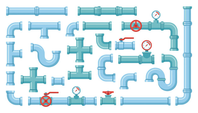 Plumbing Pipeline Vector Icon Set Featuring Blue Water Pipes Fittings Connecting Elbows Valves Pressure Gauges and Tubes for Industrial Engineering Construction Designs