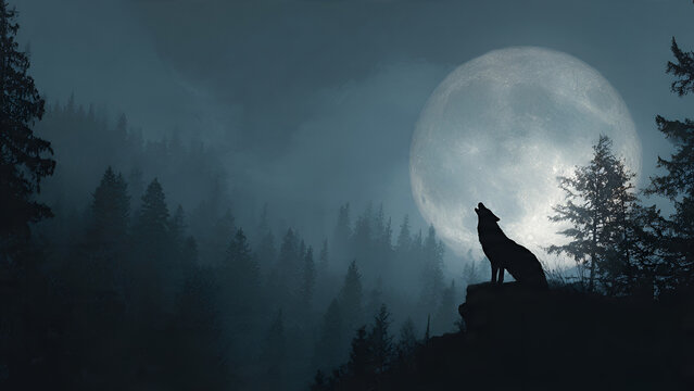 Lone Wolf Howling at Big Full Moon in Pine Forest