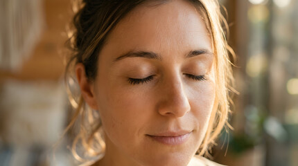Fototapeta premium Woman with eyes closed enjoying peaceful moment outdoors.