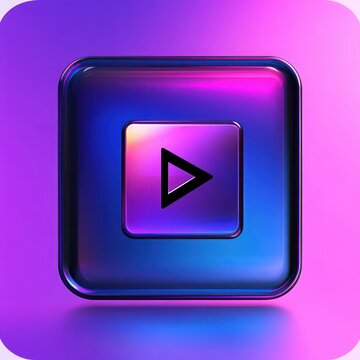 glossy 3d square play button with triangular play icon in neon purple, pink and blue gradient conveying a sleek futuristic energetic mood