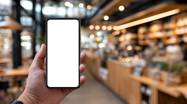 Modern smartphone with blank white touch screen held by hand in vertical orientation against soft blurred coffee shop interior lighting