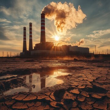 Power plant with three striped smokestacks belching smoke above cracked dry earth and reflective puddles at sunset, a bleak, foreboding industrial landscape