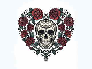 Obraz premium Intricate sugar skull surrounded by a heart shaped wreath of blooming red roses.