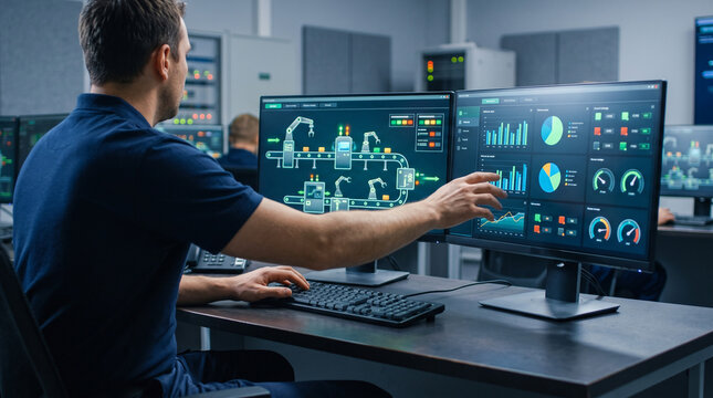 A technician monitoring a complex industrial control system on dual monitors, demonstrating advanced data analysis and system management.