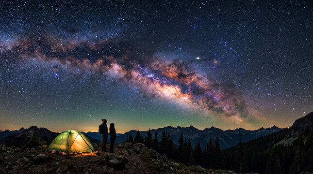 Stunning night sky astrophotography of the glowing Milky Way galaxy over a illuminated green camping tent in the mountains
