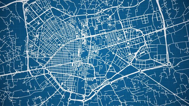 Ink reveal animation of Elche (Elx) city, Spain (Espa&ntilde;a) grid map. Aerial top view. Blueprint style. White lines with blue background. 4K Seamless loop.