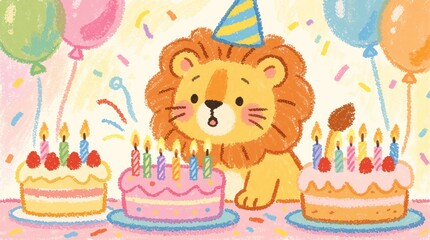 Fototapeta premium Cute lion with party hat prepares to blow out birthday candles on cake. Festive balloons and confetti surround him. Sweet, joyful celebration for kids.