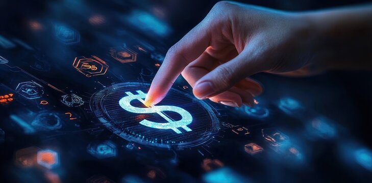 human hand fingertip touching glowing holographic dollar sign on futuristic blue and orange digital interface conveying control and technological optimism