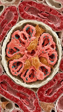Kidney glomerulus showing hantavirus pathogen particle infecting renal corpuscle, visualizing microscopic cellular damage, demonstrating viral spread inside Bowman's capsule, podocyte.