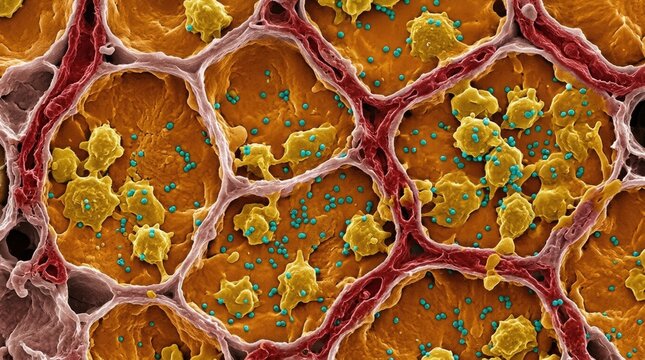 Hantavirus virion, microscopic particle spreading infectious disease, showing pathogen invading host cell, false color scanning electron micrograph demonstrating viral presence within lung tissue.