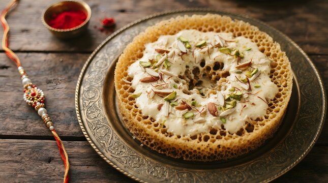 Traditional indian sweet ghevar garnished with dry fruits and rabri next to a rakhi for raksha bandhan